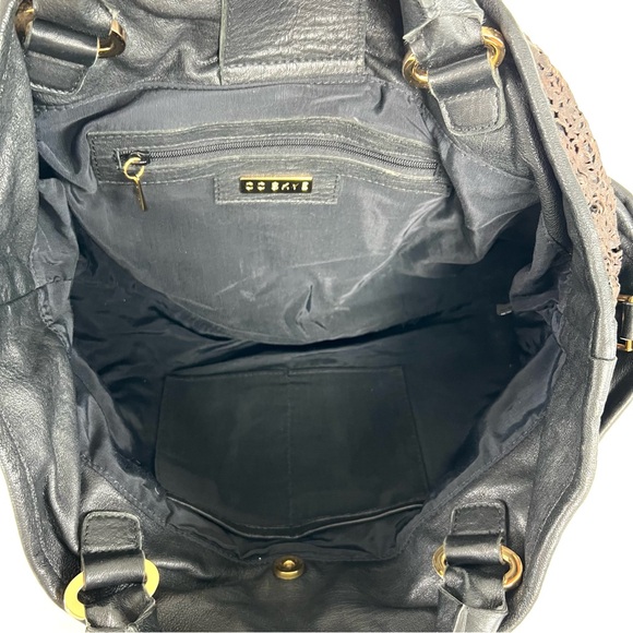 CC SKYE USA Black w Brown Cutout Laser Cut Leather Oversized Shoulder Bag Tote - Picture 12 of 14